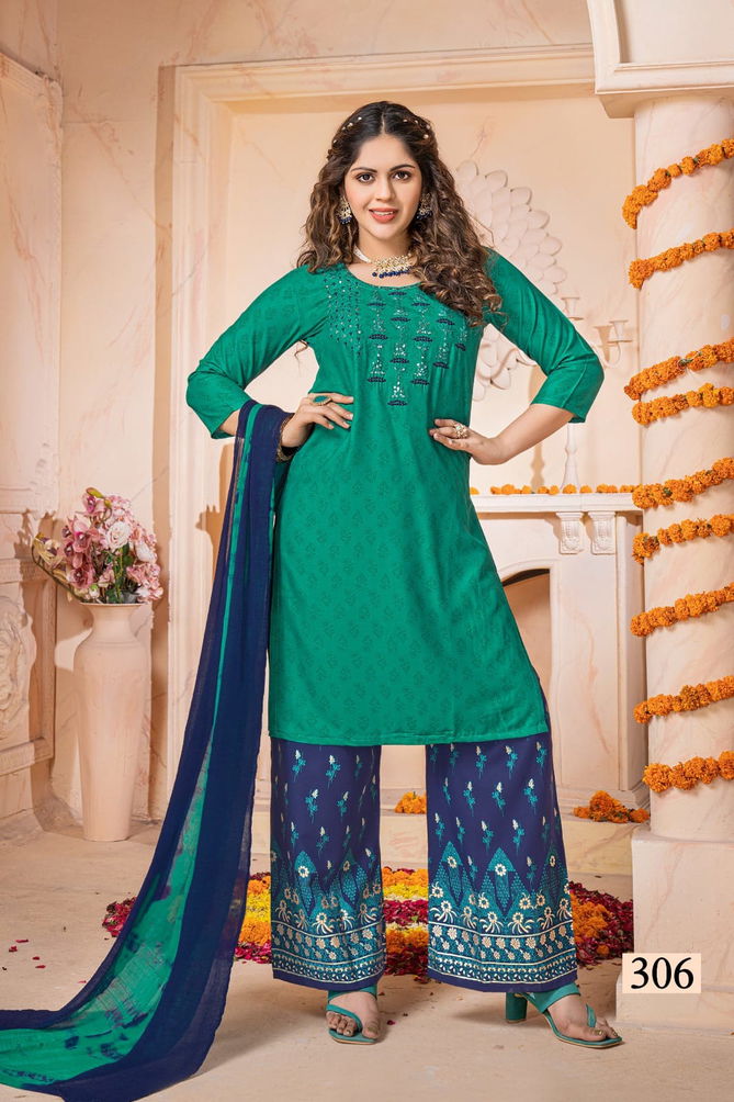 Kinti Samira Vol 3 Embroidery Rayon Kurti With Bottom Dupatta
